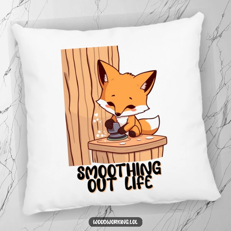 Funny fox carpenter pillow, a determined artisan sanding wood, offering comfort and a dose of delightful humor.