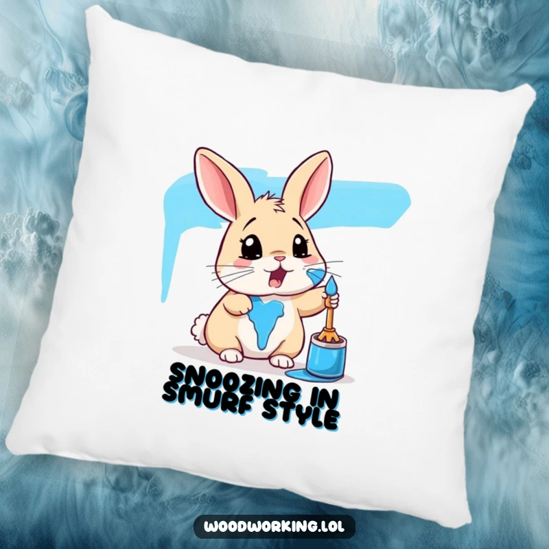 Funny rabbit pillow featuring a surprised bunny covered in blue paint, bringing comfort and artistic humor to any room.