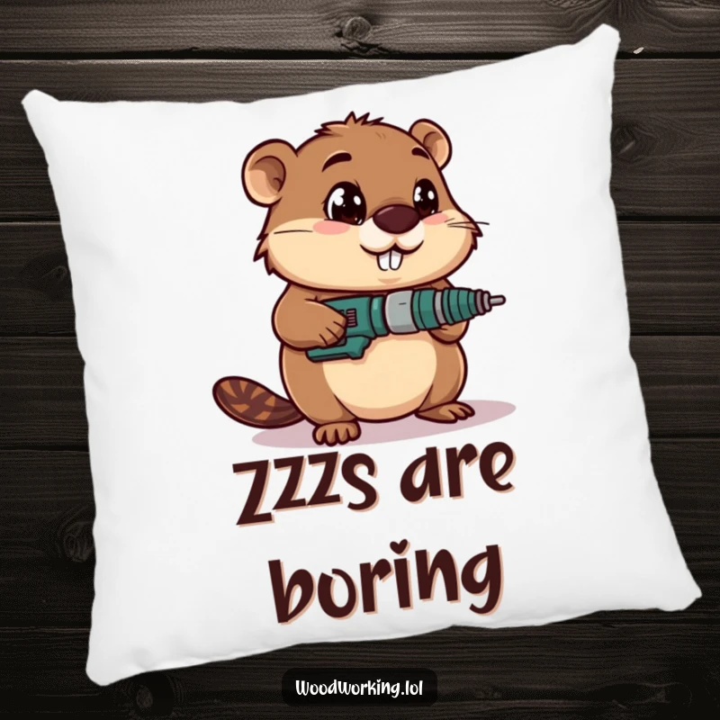 Funny pillow showcasing a determined beaver using a drill with wide-eyed focus, adding humor to any room.