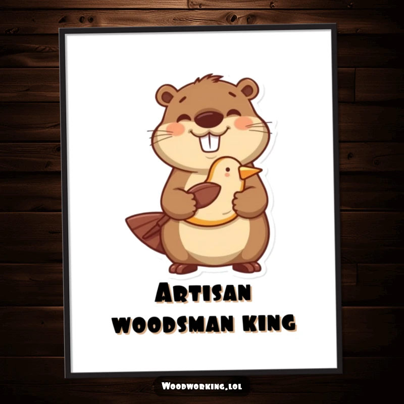 Funny digital art print of a happy beaver proudly holding a perfectly carved wooden bird, instantly downloadable charm.
