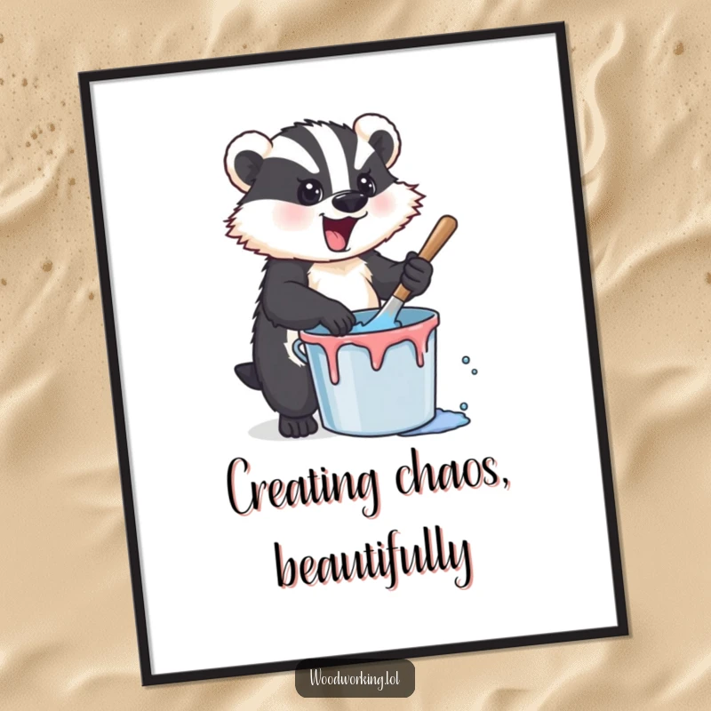 Funny badger vigorously stirring paint in a bucket, offered as a downloadable digital art print, full of artistic energy and humor.