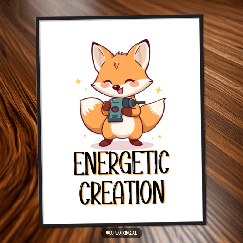 Funny digital art of a happy fox energetically drilling, a humorous and inspiring DIY piece.