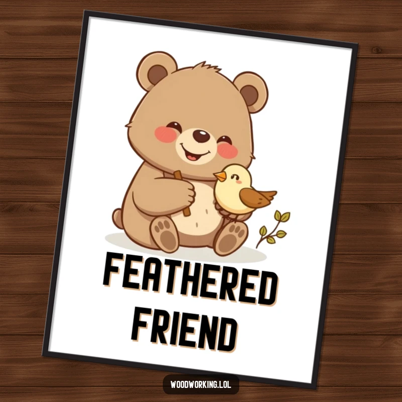 Funny bear giggling while proudly carving a small wooden bird, a downloadable digital art print for humorous decor.