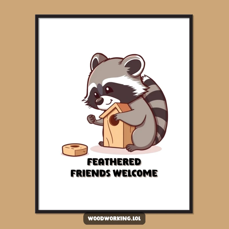 Funny Raccoon Sanding Birdhouse Digital Art: Curious Carpenter Printable for Instant Charm