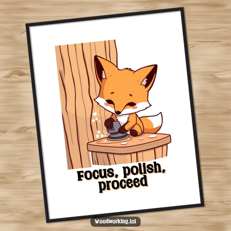 Funny fox carpenter digital art print, a determined artisan sanding wood, perfect for printable wall decor and humor.