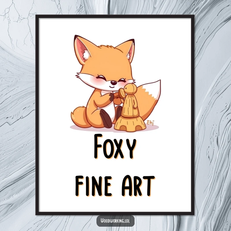 Funny fox digital art print of a playful fox chiseling a wooden figure, ideal for humorous and craft-themed home decor.
