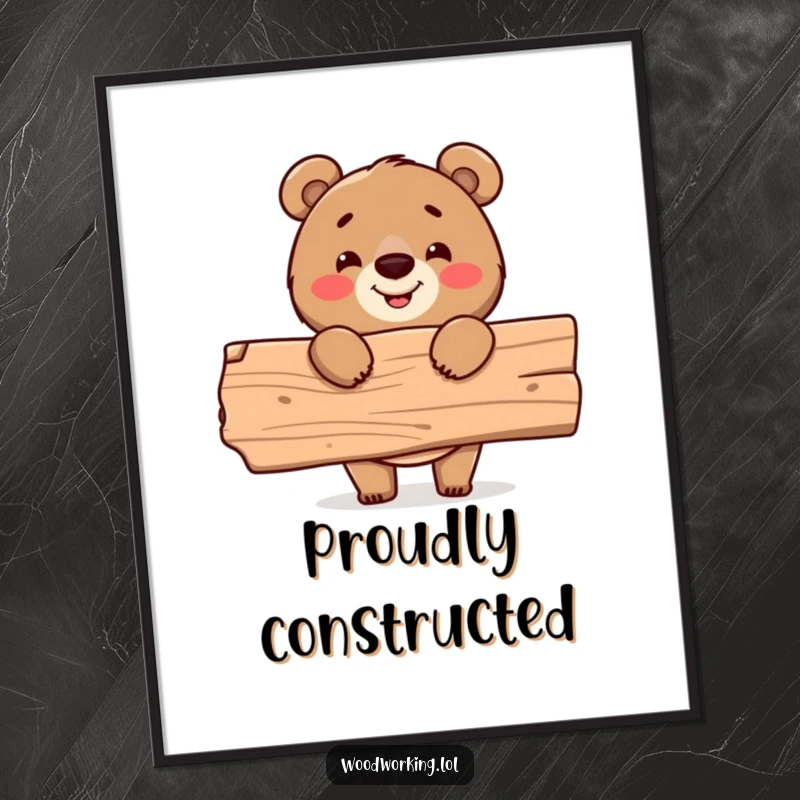 Funny digital art print, cheerful bear holding wood plank, DIY wall art, construction humor.