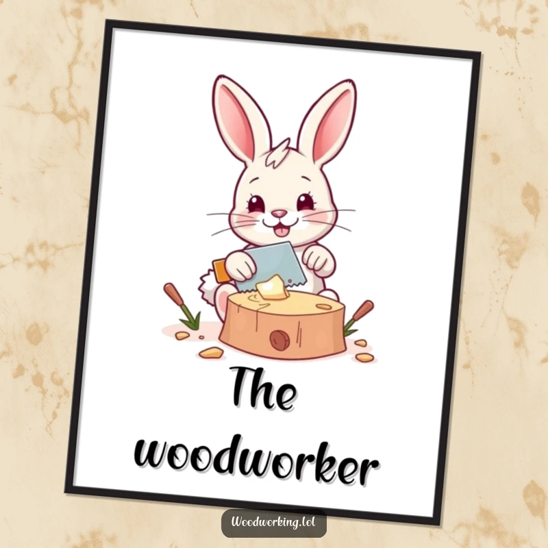 Funny digital art print: A happy bunny saws wood with a tiny saw, capturing cheerful DIY humor for printable wall decor.