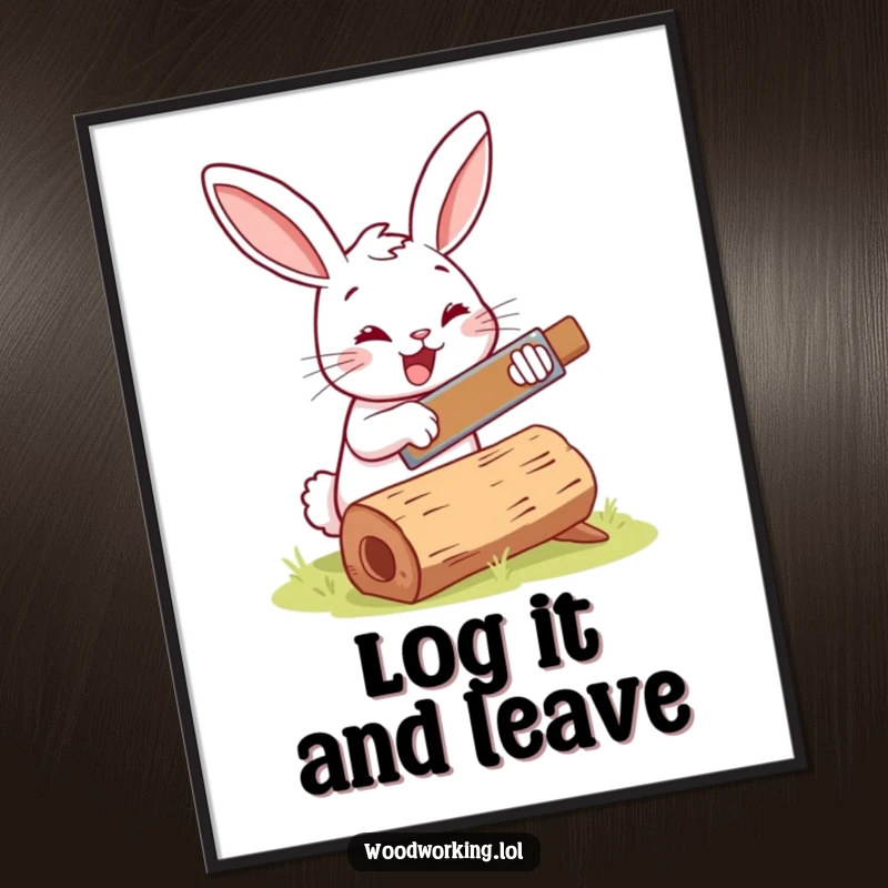 Funny bunny woodworker digital art print, happily sawing a log with a small saw, perfect for printable decor.