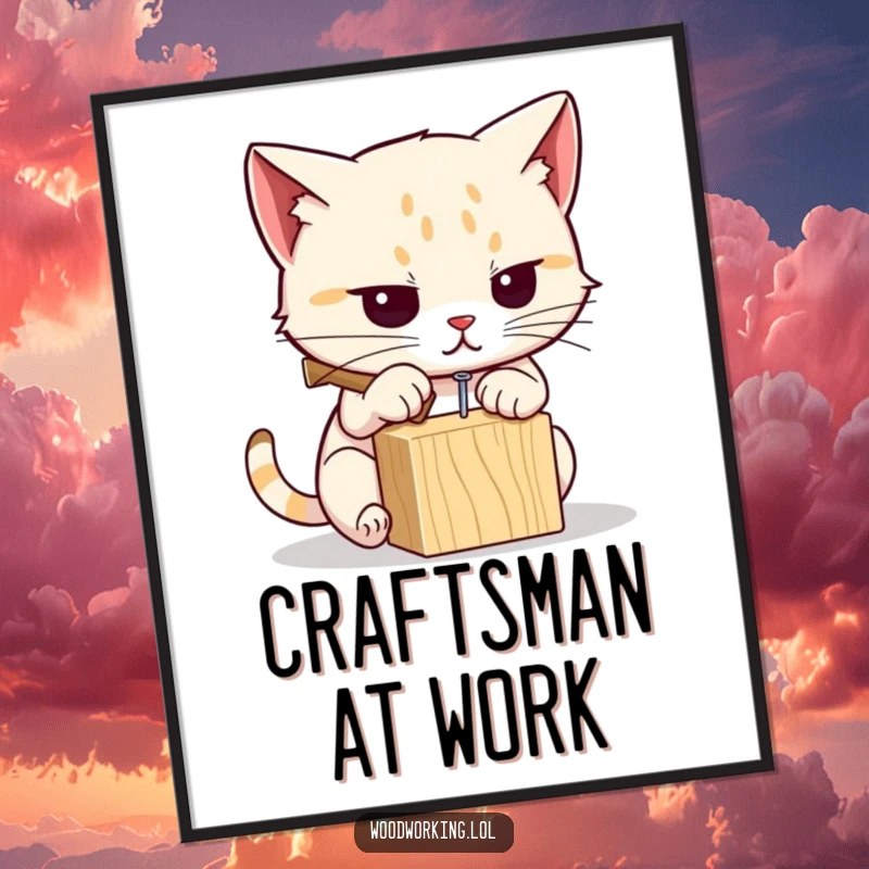 Funny cat digital art print of a determined cat hammering a nail, ideal for humorous and DIY-themed home decor.