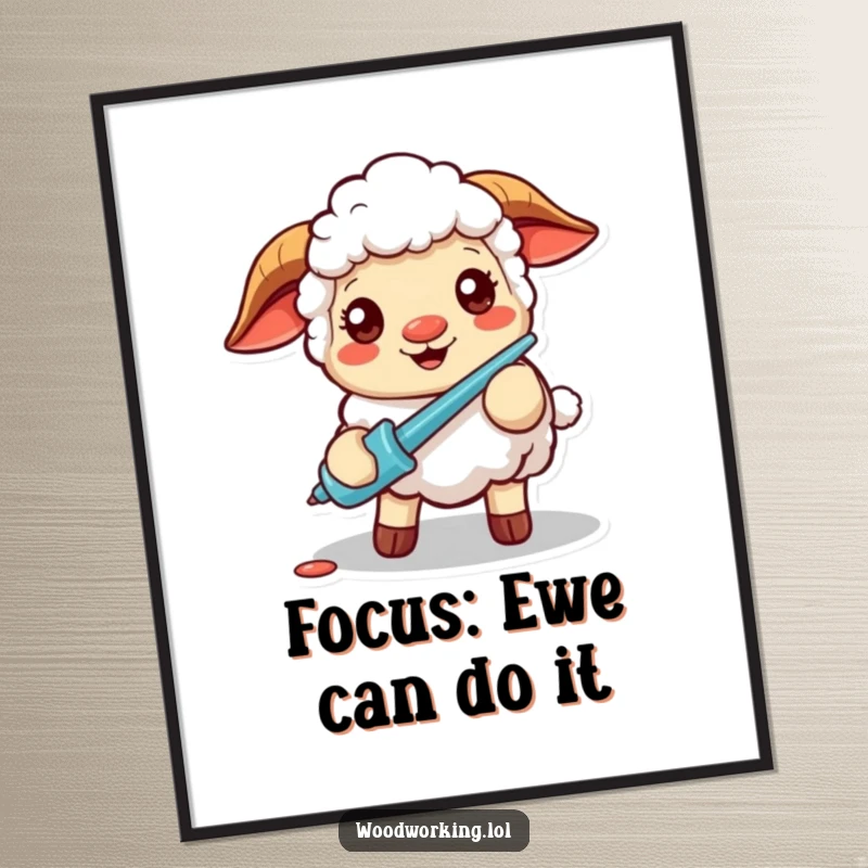 Funny digital art print of a cheerful sheep focused on using a screwdriver, perfect for instant download and humorous wall decoration.