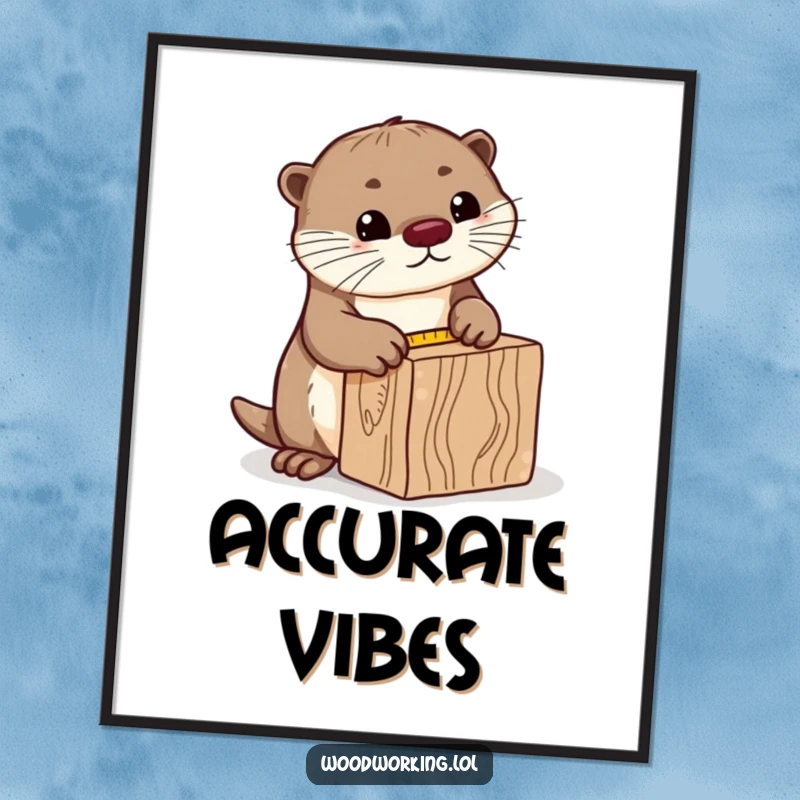 Funny curious otter digital art print, precisely measuring a block of wood with a tape measure, capturing diligent focus and playful spirit for digital display.