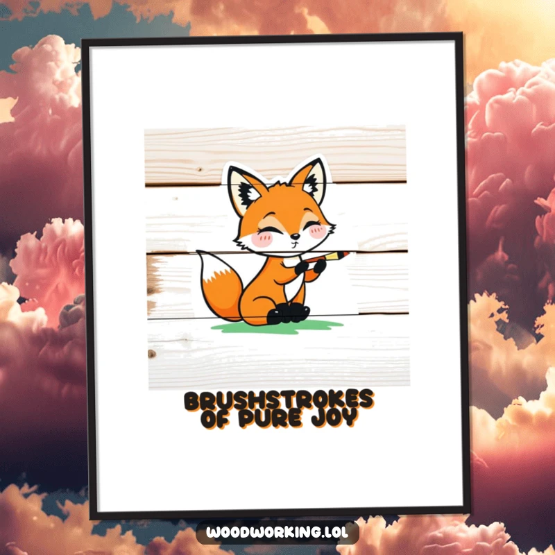 Funny playful fox carefully painting a colorful design on a wooden plank, vibrant digital art print.