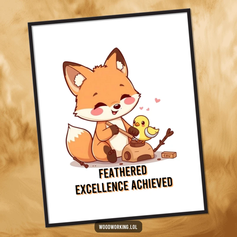 Funny fox skillfully carving a small wooden bird, offered as a downloadable digital art print, full of artistic dedication and gentle humor.