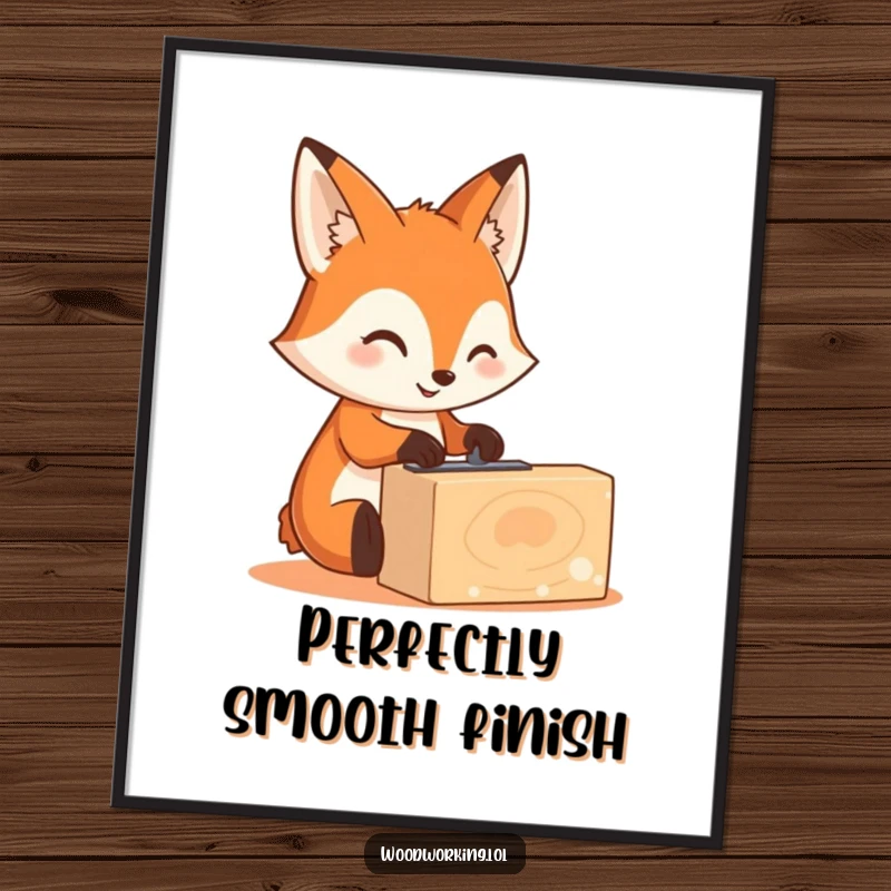 Funny cute fox sanding wood, detailed digital art, crafting theme, humorous and stylish wall decor, a funny gift.