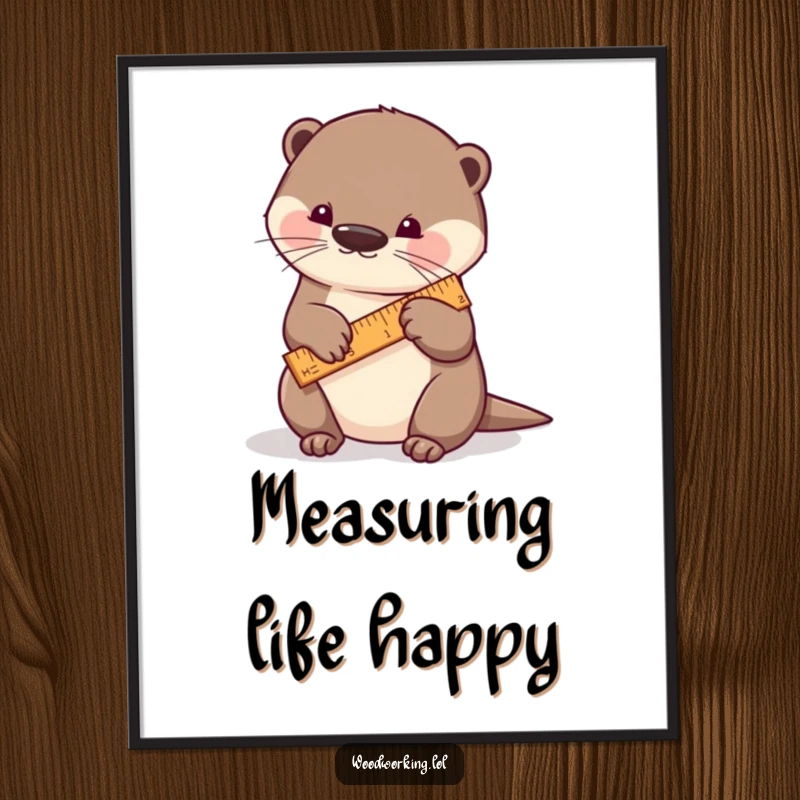 Funny otter digital art print, a playful otter meticulously measuring a piece of wood with a tiny ruler, exuding focus and creativity.