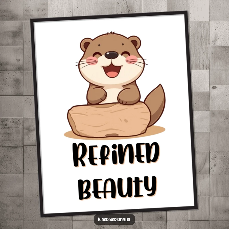 Funny otter sanding a wooden shape with a happy puff, a downloadable digital art print for humorous decor.