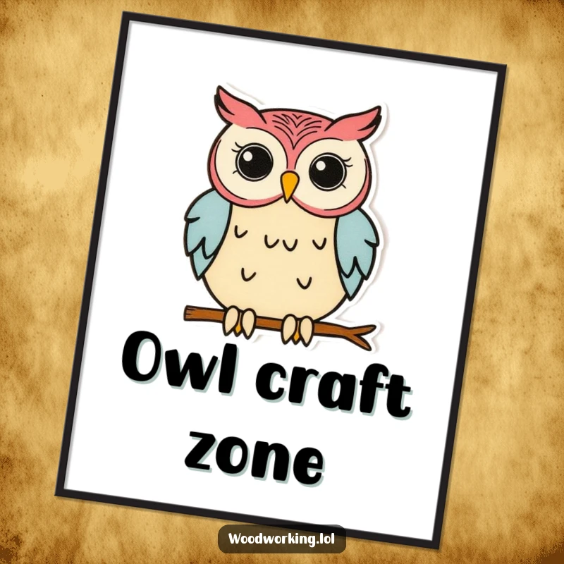 Funny Owl Digital Art: An owl intensely gluing wood pieces, a high-resolution, humorous artwork for instant wall decor.