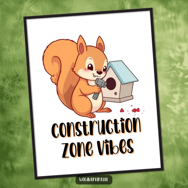 Funny determined squirrel hammering nails into a tiny birdhouse, vibrant digital art print.