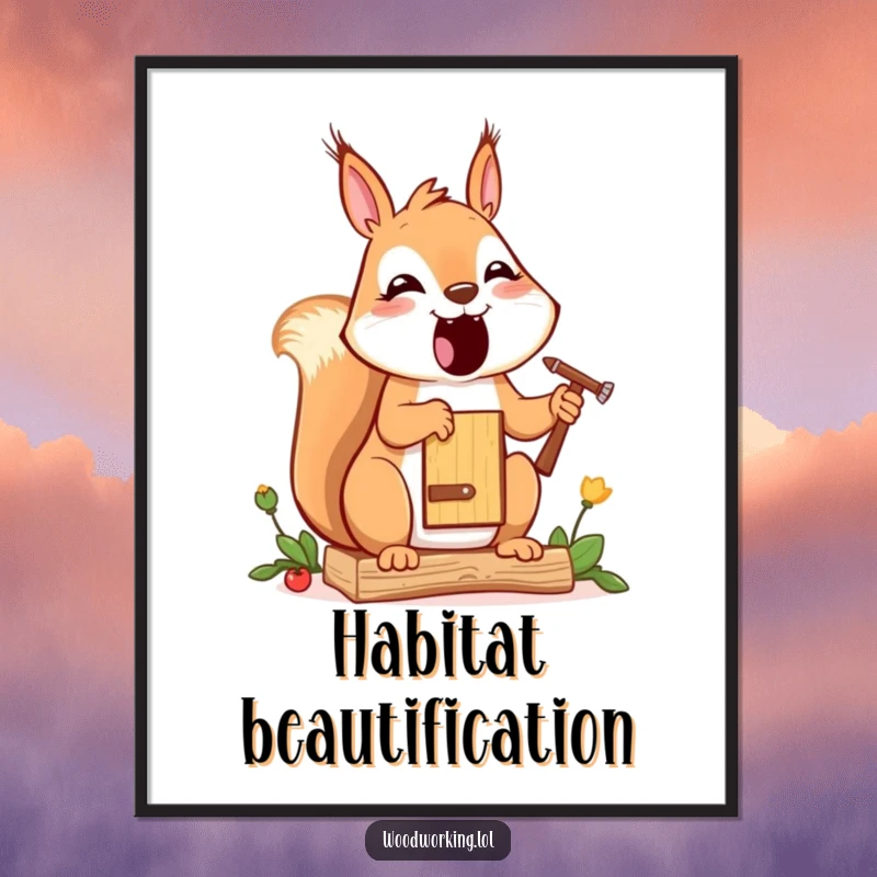 Funny squirrel digital art print, a cartoon squirrel painting a birdhouse, bringing cheerful artistic vibes to your decor.