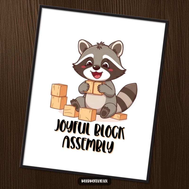 Funny Raccoon Digital Art Print: A jolly raccoon building with wooden blocks, ready for framing, a funny gift.