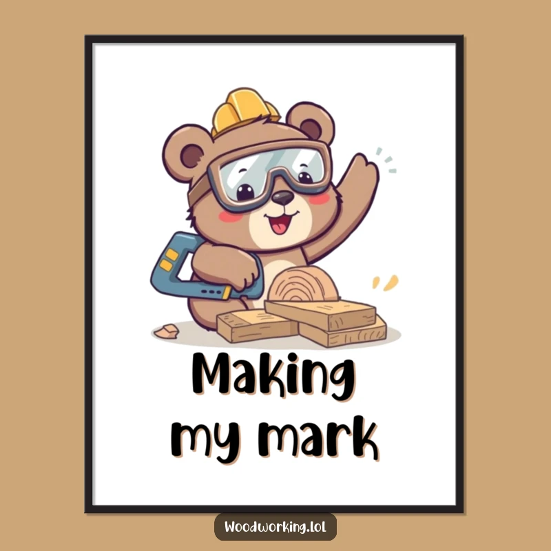 Funny Bear Sawing Digital Art: High-Quality Woodworking Art Print, Perfect Gift