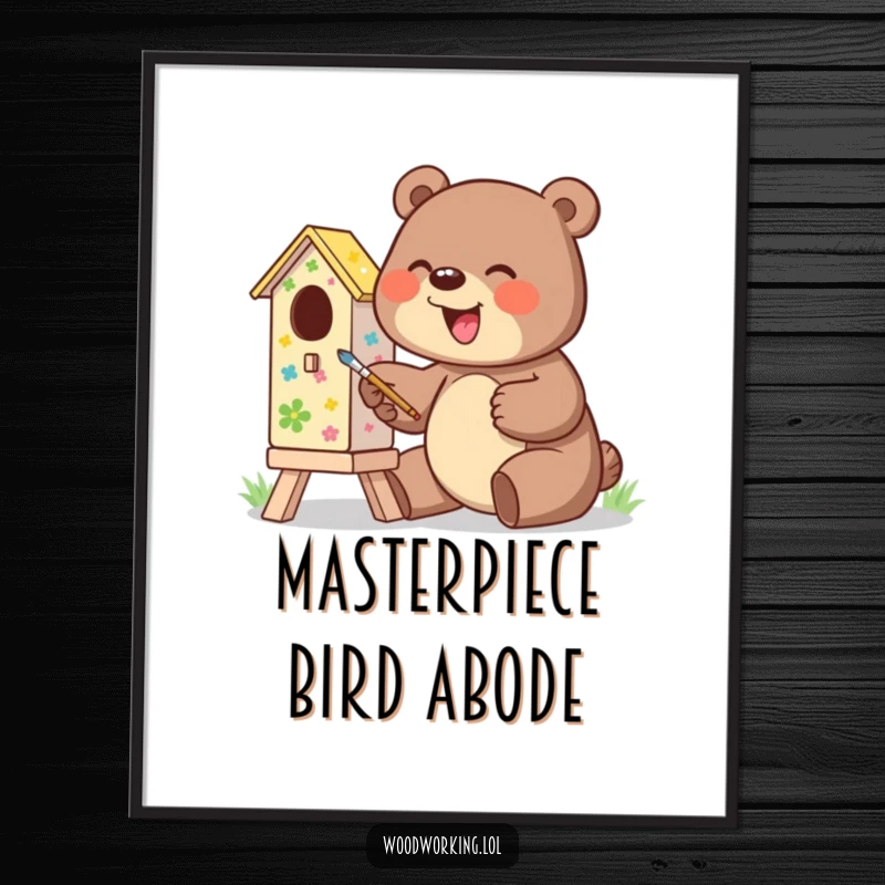 Funny digital art print of a giggling bear excitedly painting a colorful birdhouse, instantly downloadable art.