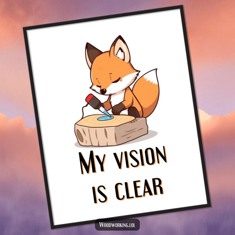 Funny digital art print of a determined fox gluing wood, ideal humorous decor for studios, offices, or homes.