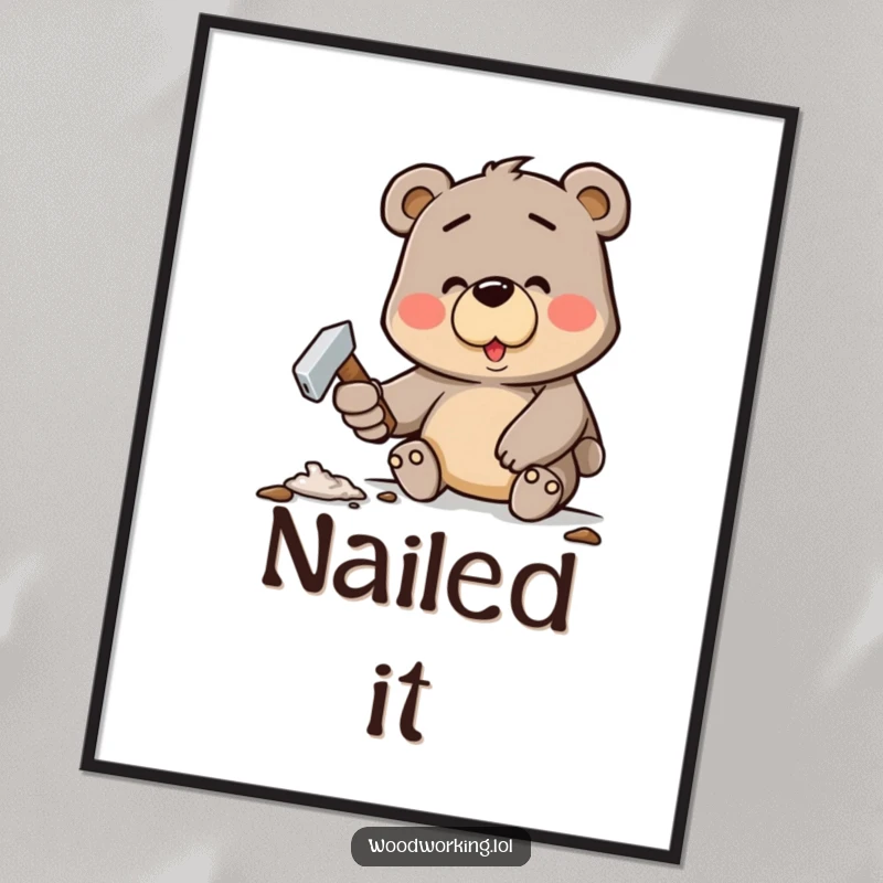 Funny digital art print of a determined cartoon bear happily hammering a crooked nail, instant humor for your wall.