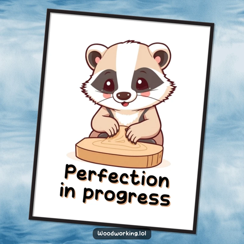 Funny digital art print showing a badger with extreme concentration sanding a piece of wood, perfect for crafters.