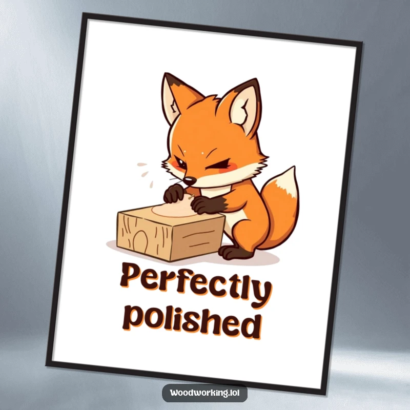 Funny digital art print of a determined fox intensely focused on sanding a plank of wood, instantly downloadable focus.