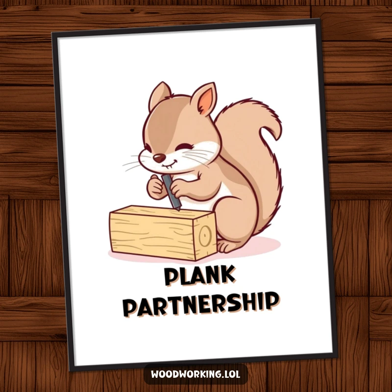 Funny squirrel diligently screwing two small wooden planks together, available as a digital art print.