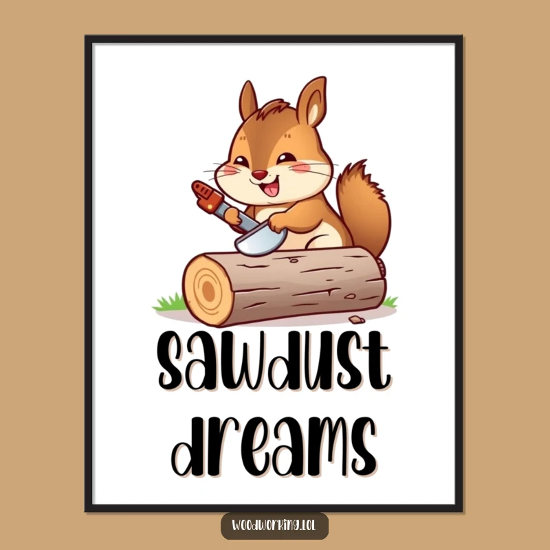 Funny Chipmunk Sawing Log Digital Art: Cheerful Carpenter Printable for Instant Joy