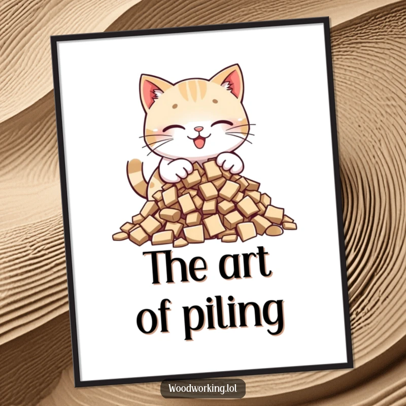Funny cat digital art print of a happy cat carefully placing wood chips into a pile, radiating meticulousness and crafting focus.