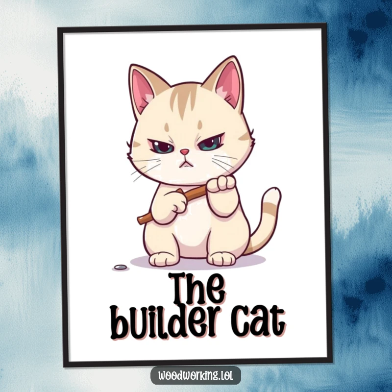 Funny digital art print: A focused cat hammers a tiny nail, capturing determined feline DIY humor for printable wall decor.