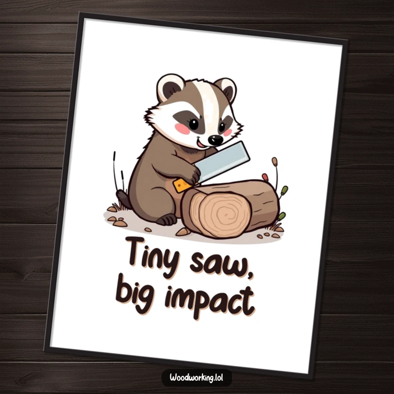 Funny digital art print of a cheerful badger expertly sawing a log with a tiny saw, instantly downloadable whimsy.