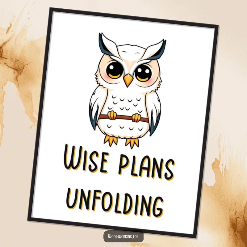 Funny owl digital art print of a content owl sketching a birdhouse blueprint, radiating wisdom and architectural talent.