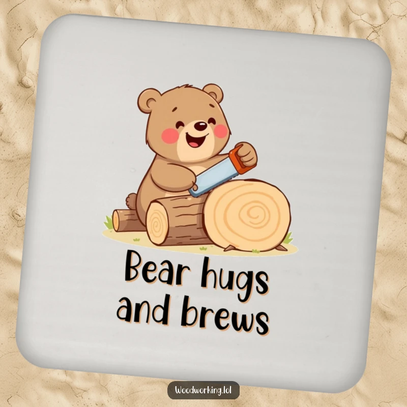 Funny bear coaster with a happy, large brown bear enthusiastically sawing a log with a tiny handsaw, a practical and humorous addition.