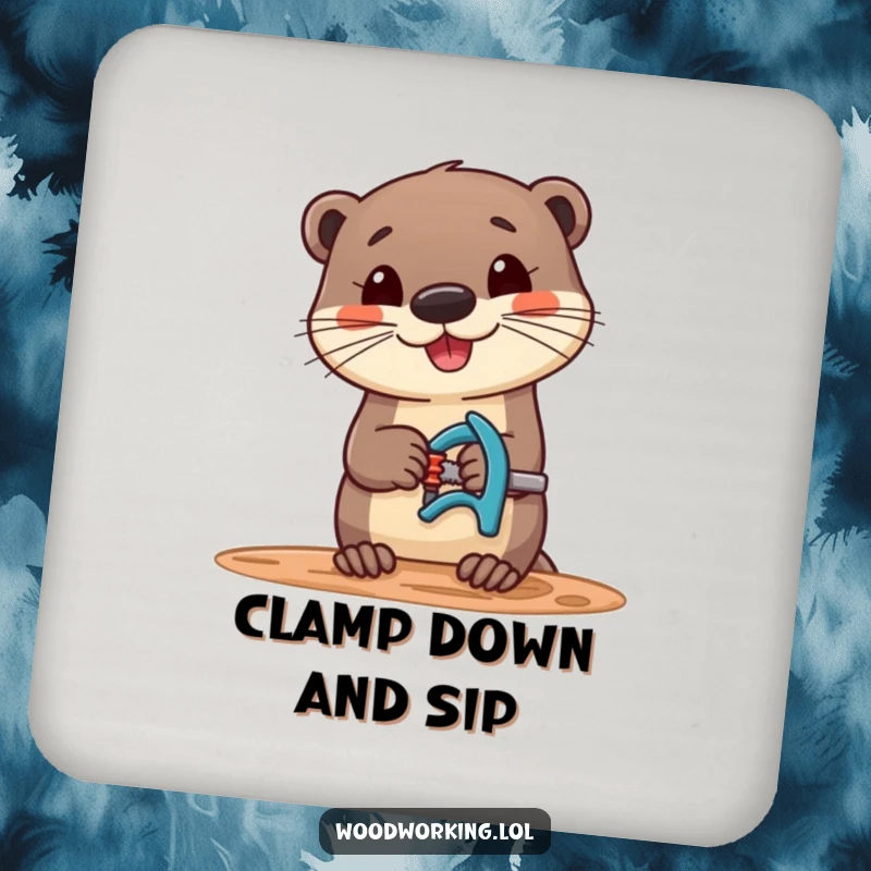 Funny drink coaster with a cheerful otter using a clamp on wood, adding humor to any tabletop.