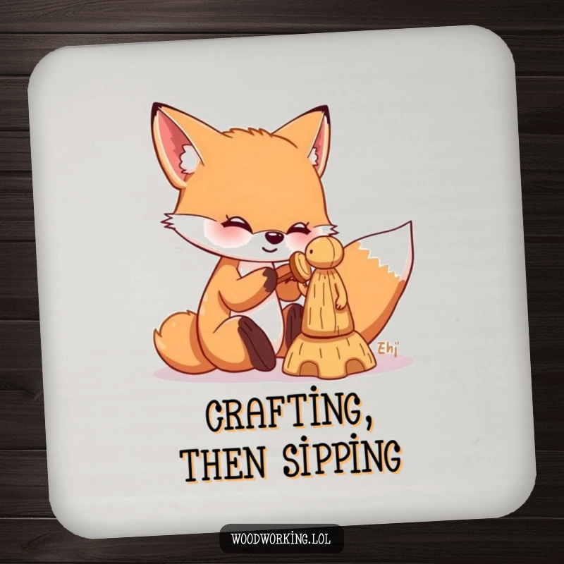 Funny fox coaster showing a playful fox chiseling a wooden figure, protecting surfaces with crafty humor.