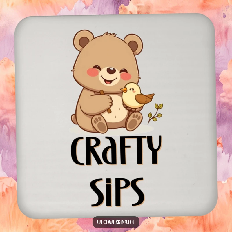 Funny bear proudly carving a small wooden bird, depicted on this drink coaster for adding practical humor to any surface.