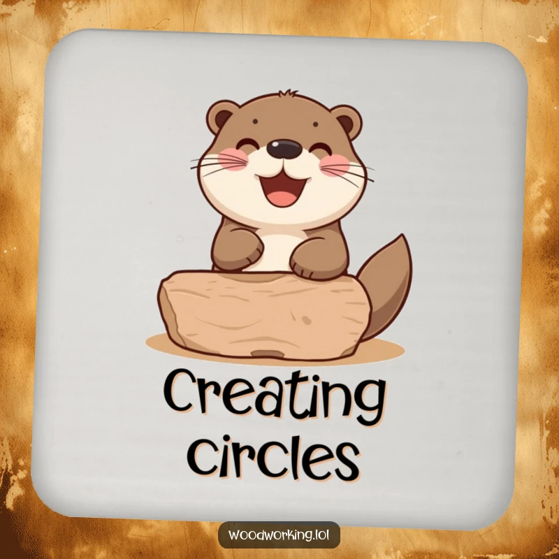 Funny otter sanding a wooden shape, depicted on this drink coaster for adding practical humor to any surface.