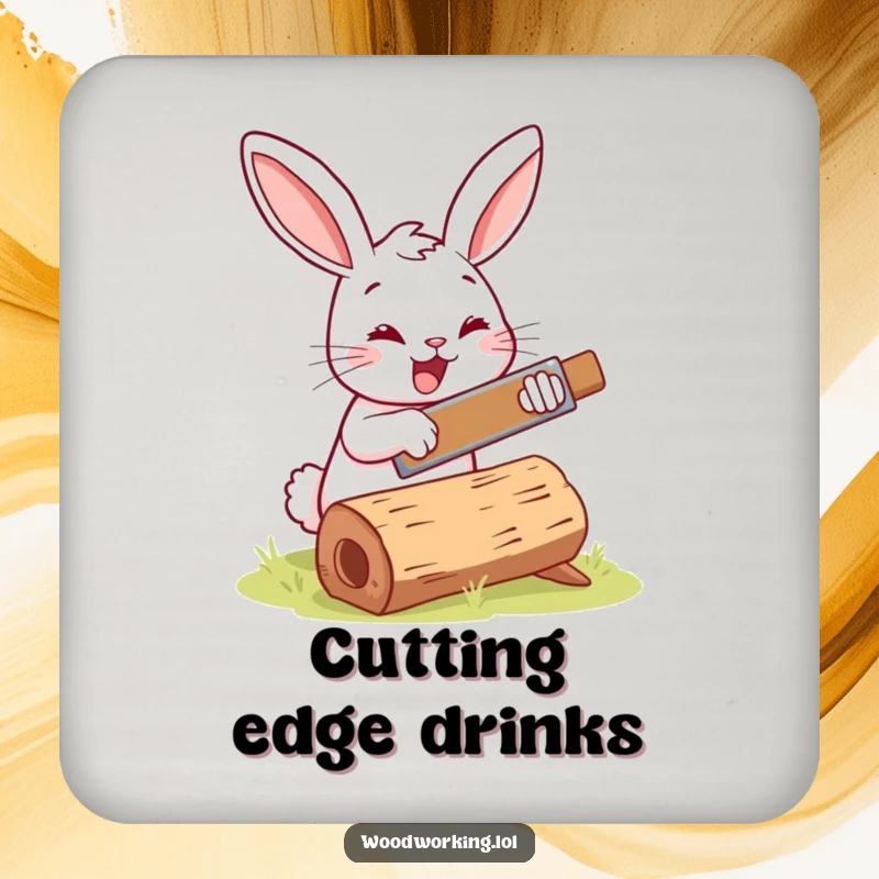 Funny bunny woodworker drink coaster, cheerfully sawing a log with a tiny saw, protecting surfaces with charm.