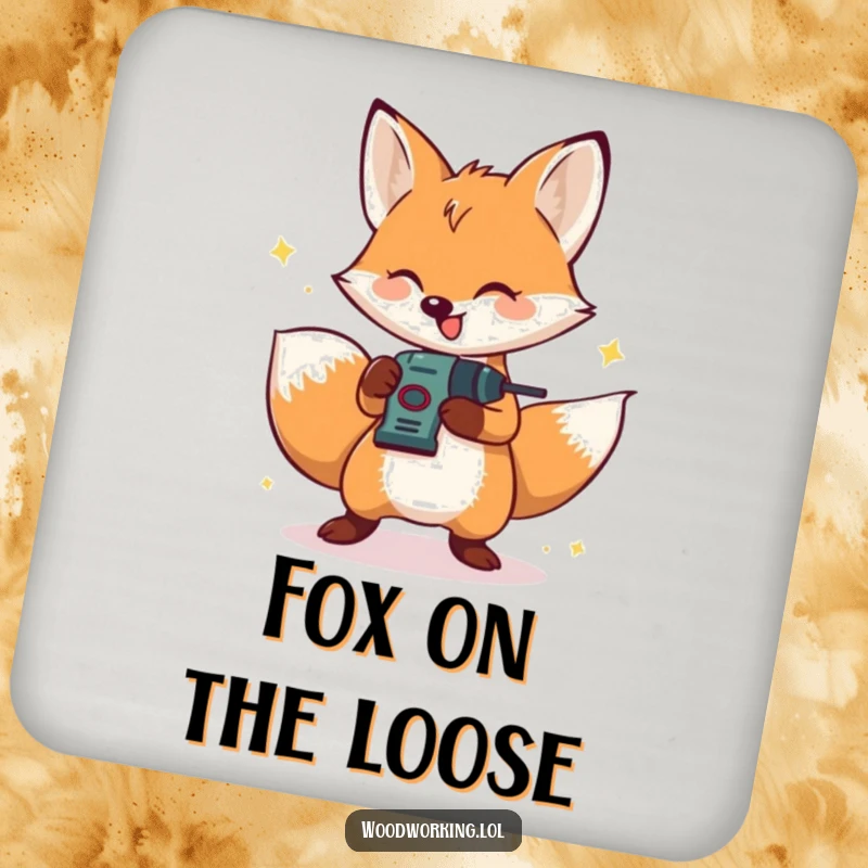 Funny coasters with a happy, bouncing fox operating a small drill, offering humorous table protection.