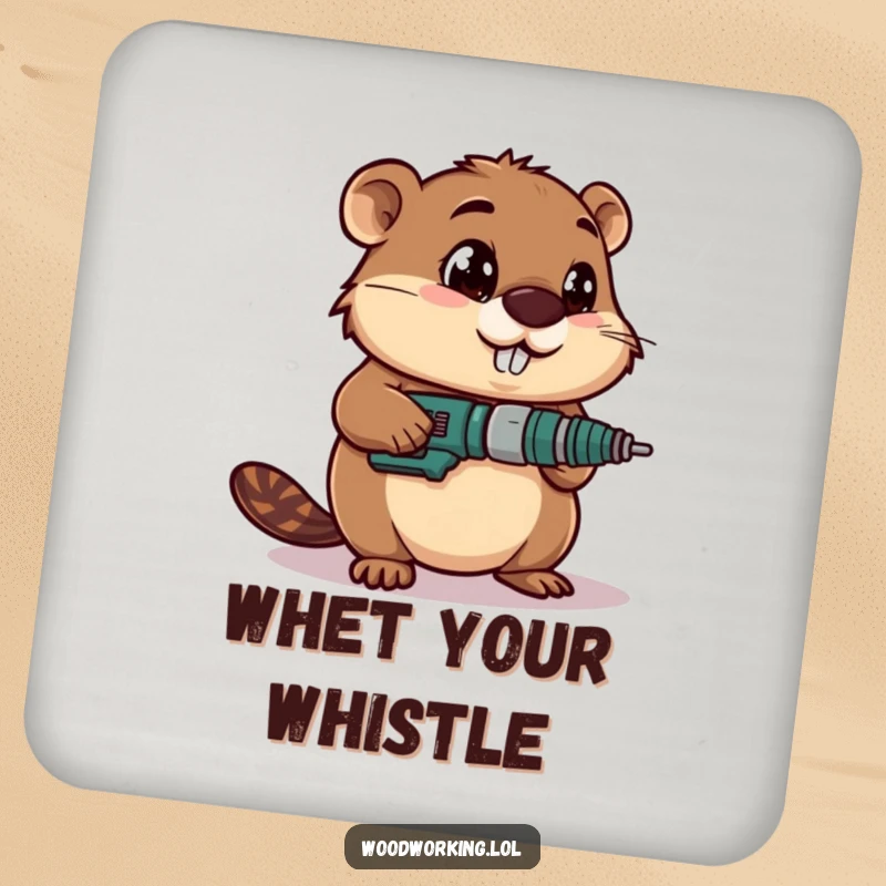 Funny drink coaster featuring a determined beaver using a drill with wide-eyed focus, designed for humor.