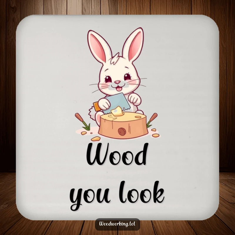 Funny coaster: A happy bunny saws wood with a tiny saw, adding charming DIY humor to protect surfaces, ideal for gifts.
