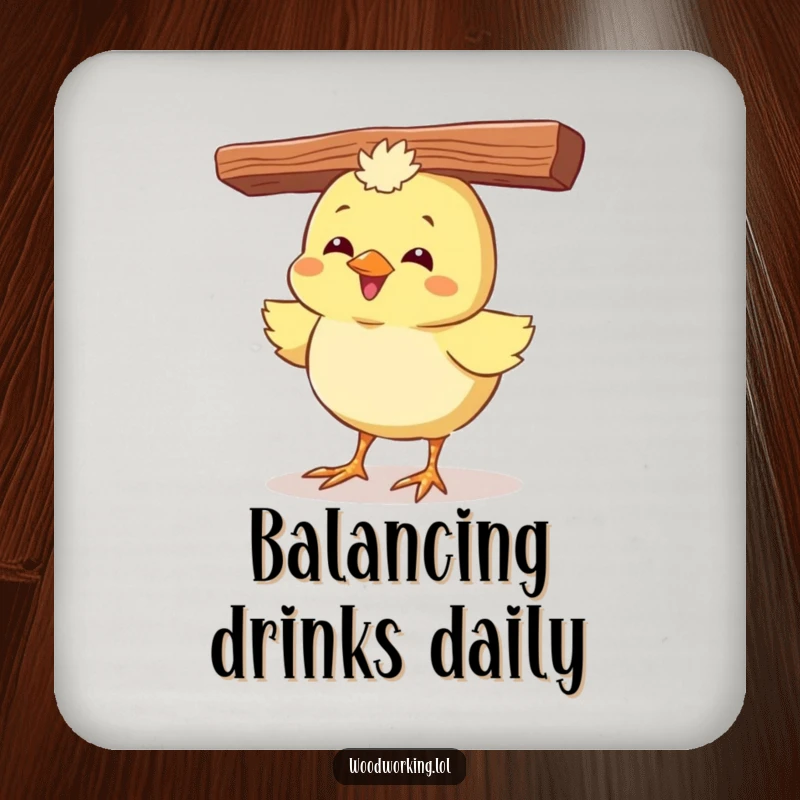 Funny drink coaster with a giggling chick balancing a plank on its head, adding humor to tabletops.
