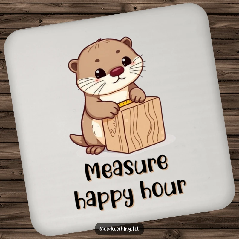 Funny curious otter drink coaster, precisely measuring a block of wood with a tape measure, adding playful precision and surface protection.