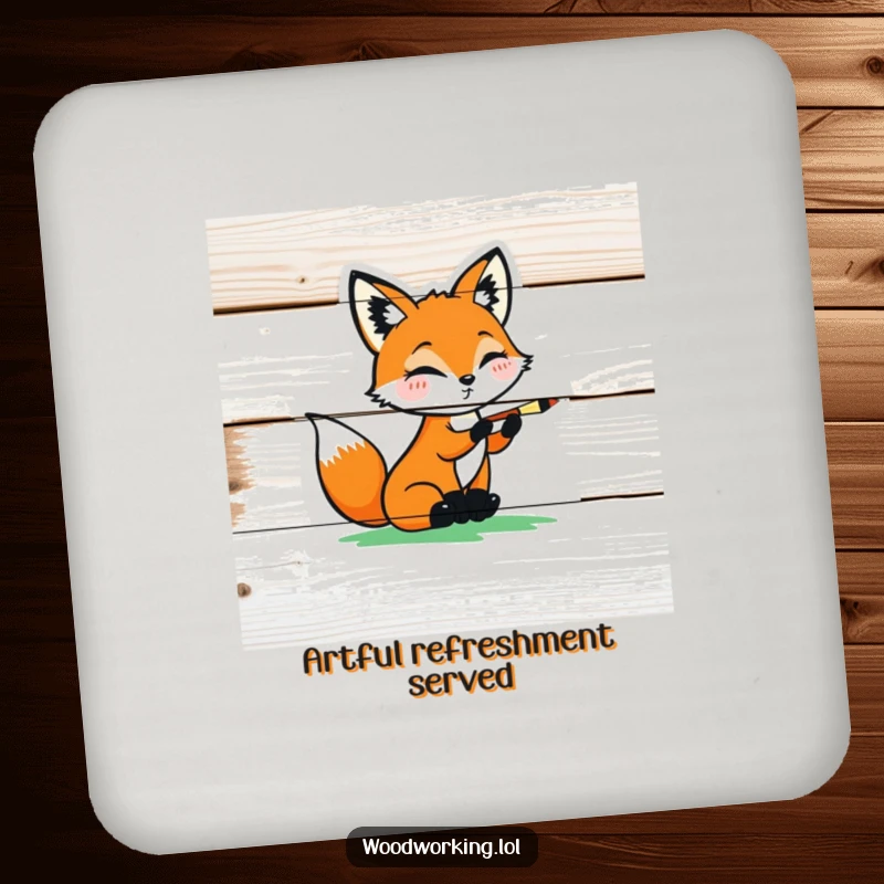 Funny playful fox carefully painting a colorful design on a wooden plank, a humorous drink coaster.