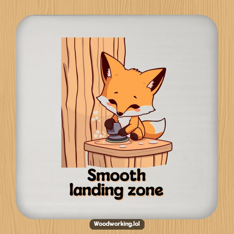 Funny fox carpenter drink coaster, a determined artisan sanding wood, protecting surfaces with a humorous DIY touch.